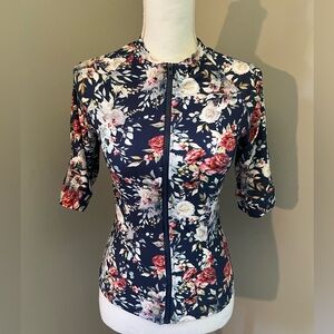 Floral Zip-Front Women’s Swim Top - Navy with Pink & White Flowers